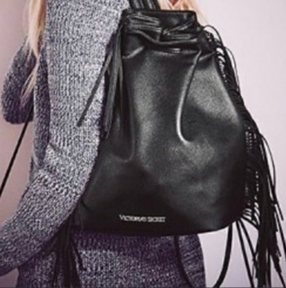 Victoria's Secret Large Black Faux Leather Fringe Drawstring Backpack Tote Purse - Picture 10 of 11